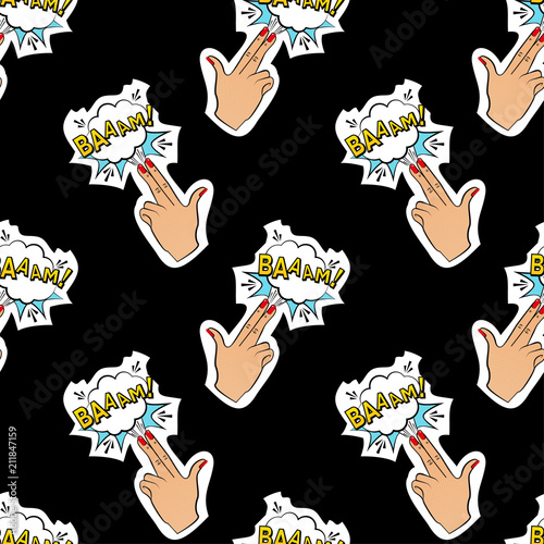 Abstract seamless pin up pattern for girls, boys, clothes. Creative vector pin up pattern with fingers gun, cloud. Funny pattern pop art wallpaper for textile and fabric. Fashion pop art style.