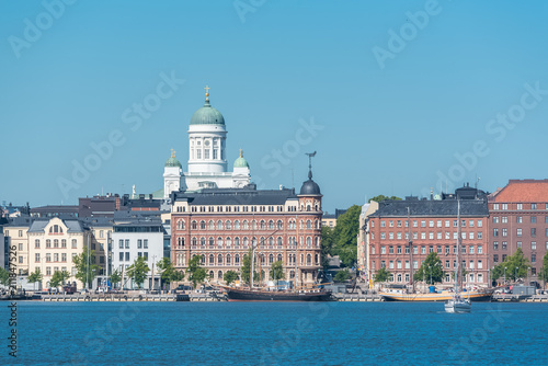 Helsinki in Finland, panorama of the town from the sea, with the cathedral in background
