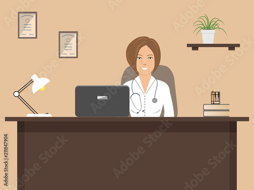 Doctor's workplace. A female doctor in a white robe is sitting at the table. There is a laptop, a lamp, diplomas and a flower in the picture. Vector illustration