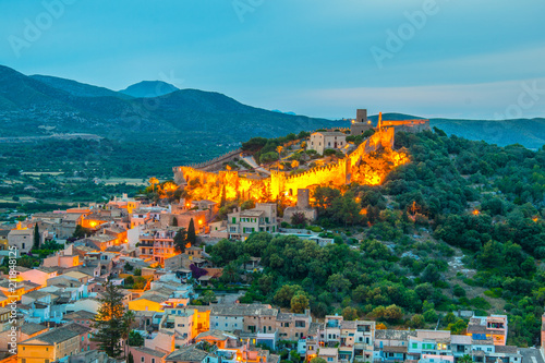 Night aerial view of Capdepera castle and Capdepera town, Mallorca, Spain photo