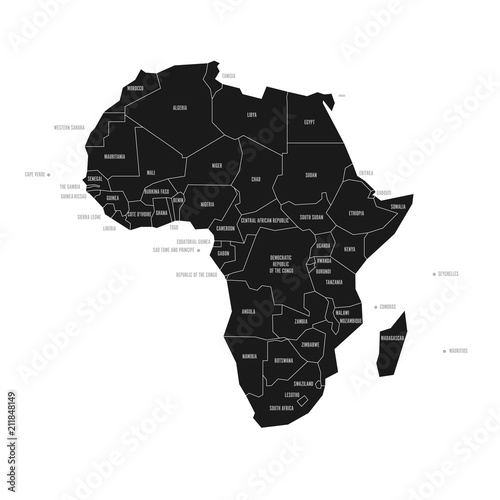 Simplified schematic map of Africa. Vector political map in high contrast of black and white.