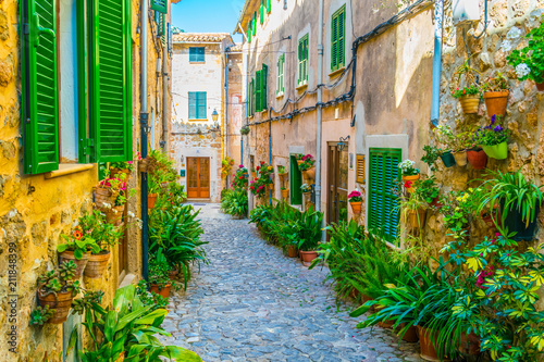 View of a narrow street in the spanish town Valldemossa at Mallorca © dudlajzov