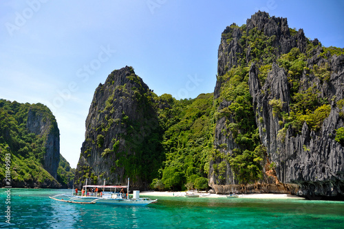 Exotic Tropical Nature of Palawan Island in Philippines  Turquoise Water  White Sand Beach and Limestone Rocks