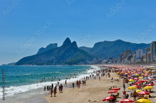 Sunny Day in Crowded Ipanema Beach in Rio de Janeiro