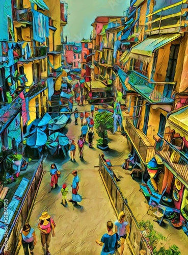 Beauty summer street in Italy, Cinque Terre. Big size oil painting pictorial art. Modern impressionism drawing artwork. Creative artistic print for canvas or textile. Wallpaper, poster or postcard.