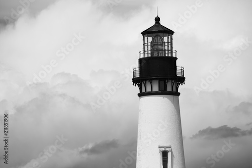 Black and white photo of the Yaquina Head Lighthouse, Newport, Oregon