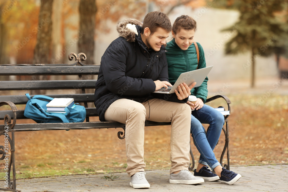Teenagers with laptop studying in park Teenagers with laptop studying in park