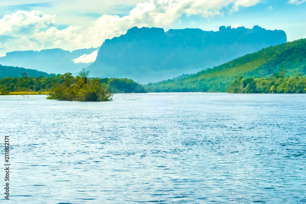 Carrao River and Auyan Tepui in the background, Canaima National Park, Venezuela Carrao River and Auyan Tepui in the background, Canaima National Park, Venezuela