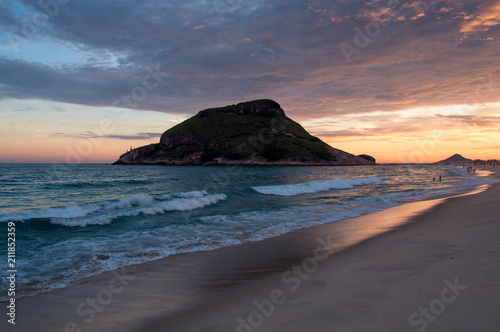 Recreio Beach by Sunset with Pontal Rock in the Ocean, Rio de Janeiro, Brazil © Donatas Dabravolskas