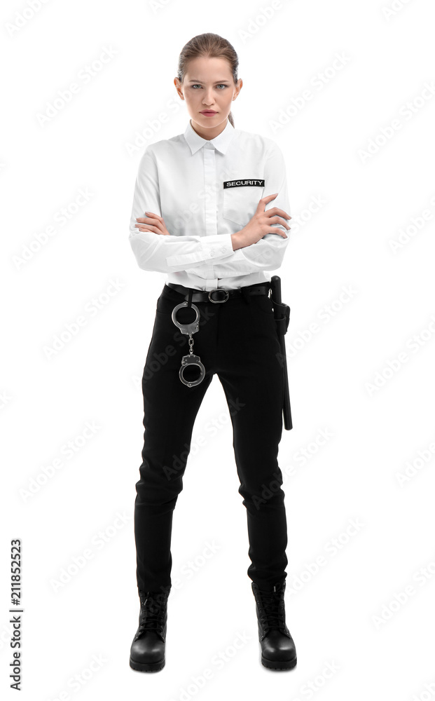 Female security guard in uniform on white background Female security guard in uniform on white background