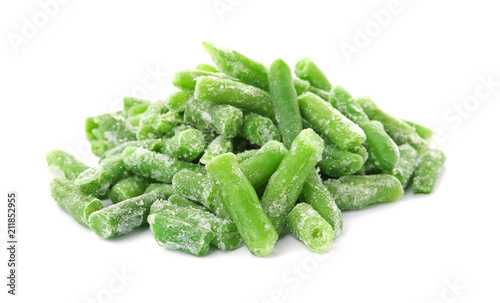 Frozen green beans on white background. Vegetable preservation