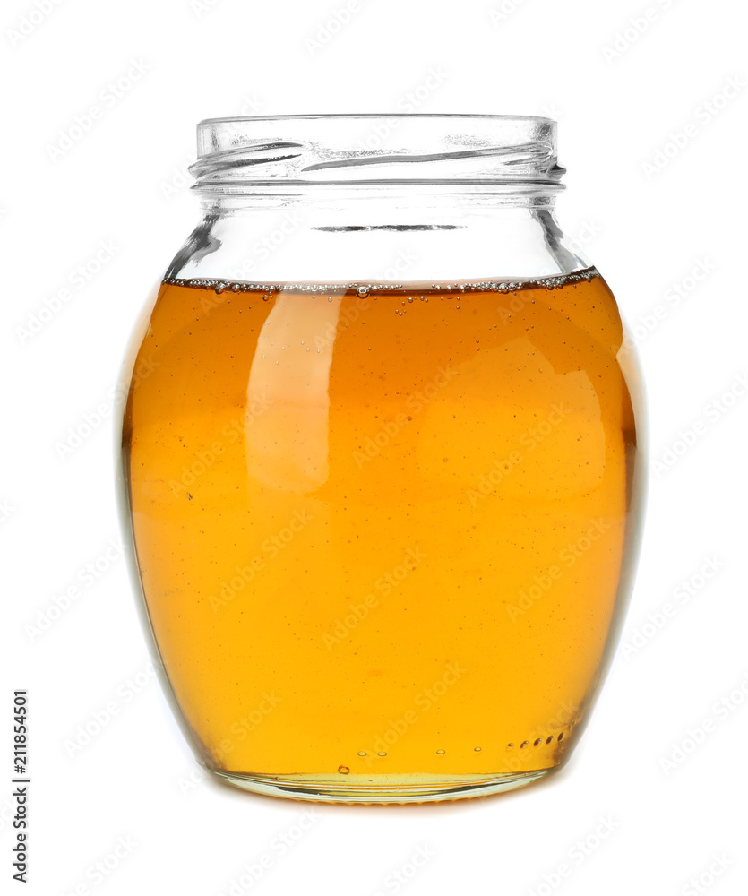 Jar with delicious honey on white background Jar with delicious honey on white background