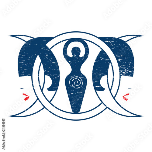 Distressed Vector illustration: Triple Moon Goddess. Could be used as Hecate, Wiccan Goddess, Heathenry Asatru or any other triple crescent half moon deity.