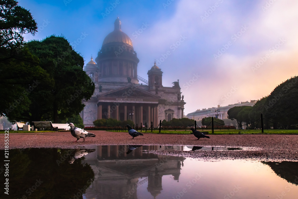 Saint Petersburg. Fog. St. Isaac's Cathedral in the fog. Russia. St. Petersburg early in the morning. St. Isaac's Cathedral in the reflection of the water St. Petersburg poster. 