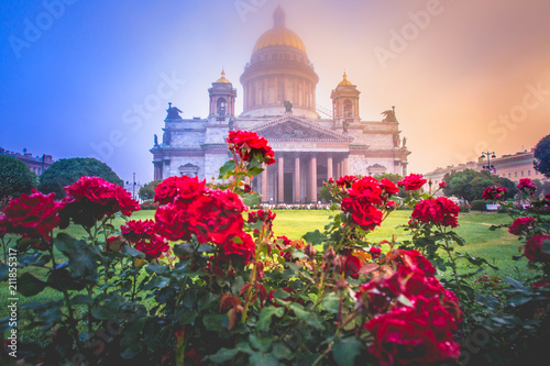 Saint Petersburg. Fog. Isaakievskaya square in the fog. St. Isaac's Cathedral in the fog. Russia. St. Petersburg early in the morning. St. Isaac's Cathedral in flowers. Poster of Petersburg.
