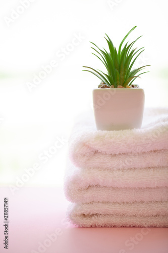 Spa. White Cotton Towels Use In Spa Bathroom on Pink Background. Towel Concept. Photo For Hotels and Massage Parlors. Purity and Softness. Towel Textile.