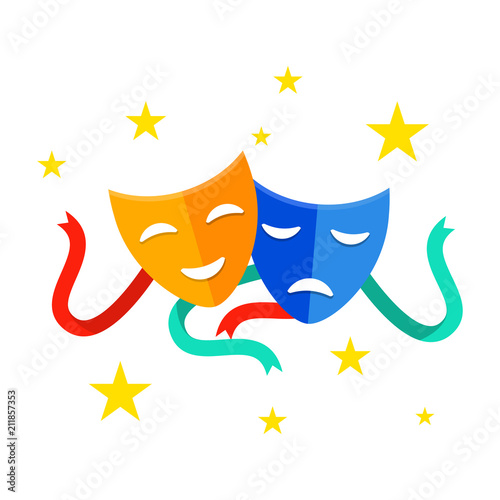 Theater mask with ribbons. Comedy and tragedy masks isolated on white background. Traditional theater symbol. Theater happy and sad mask icon. Vector illustration