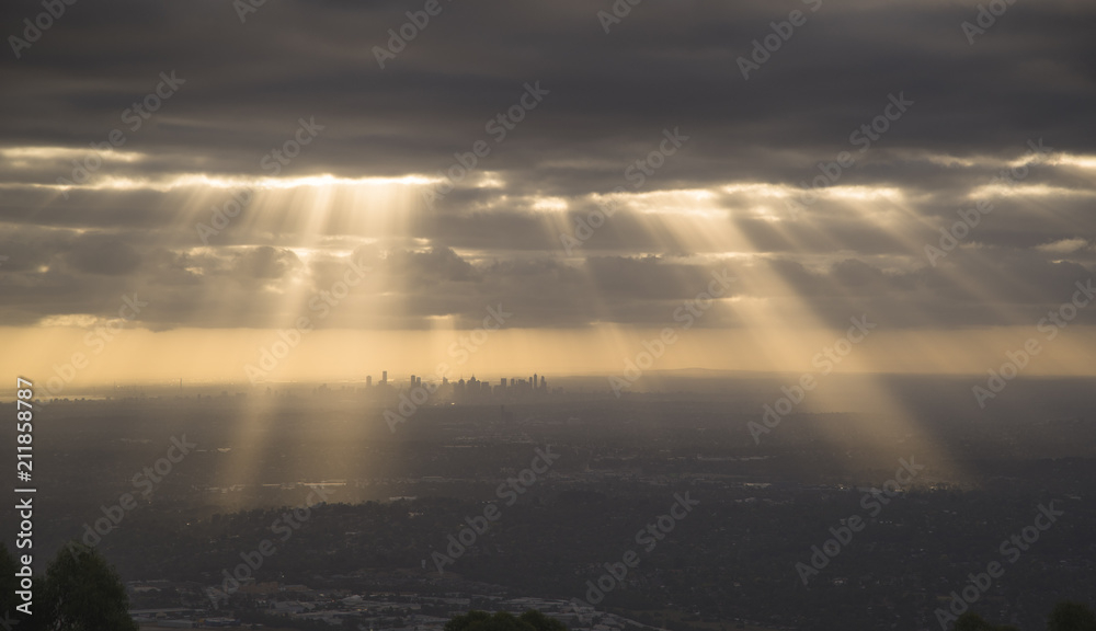 Dramatic view of Melbourne city from the Dandenong Mountain ranges, Victoria Dramatic view of Melbourne city from the Dandenong Mountain ranges, Victoria