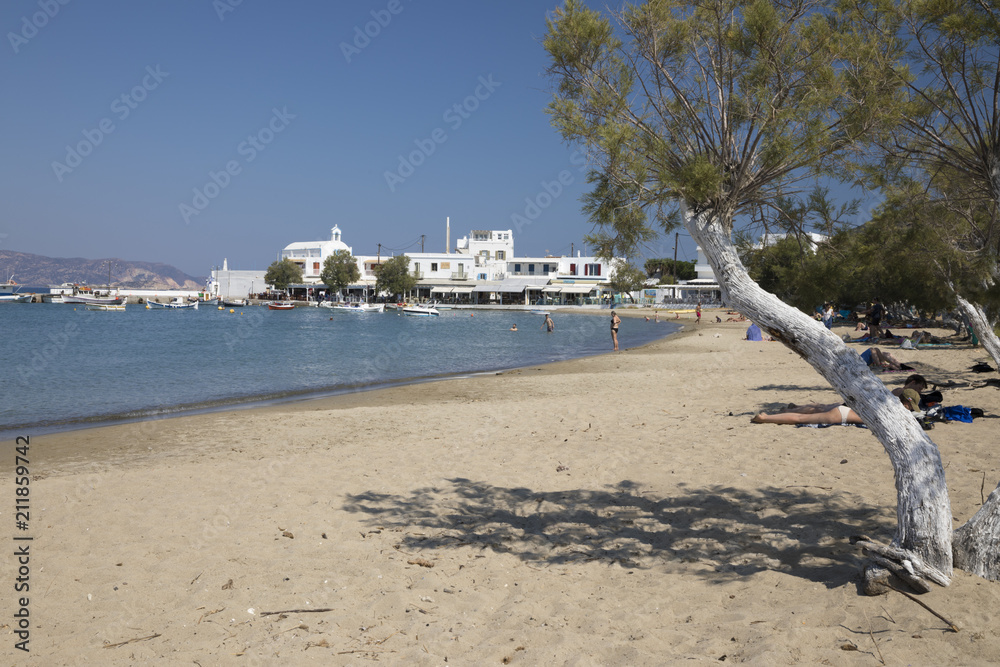 View along white sand beach, Pollonia, Milos, Cyclades, Aegean Sea, Greek Islands, Greece View along white sand beach, Pollonia, Milos, Cyclades, Aegean Sea, Greek Islands, Greece