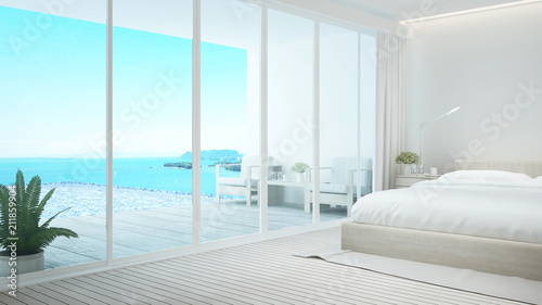 Bedroom and living area on pool deck and swimming pool with panorama sea view - Bedroom and swimming pool sea view and island view in hotel or resort - 3D Rendering