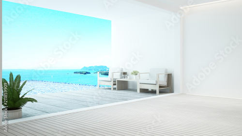 Living area on pool deck and swimming pool with panorama sea view - Empty room and swimming pool sea view and island view in hotel or resort - 3D Rendering