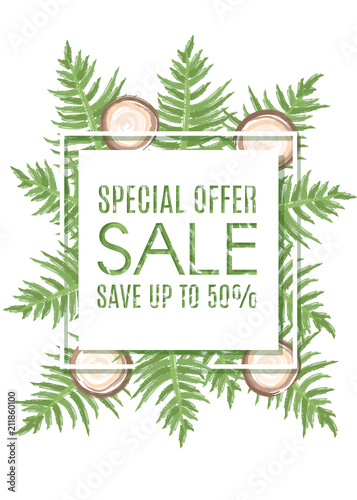 Sale poster template with hand drawn coconuts and palm leaves.