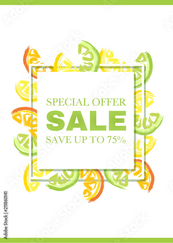 Sale poster template with hand drawn slices of orange, lemon and lime.
