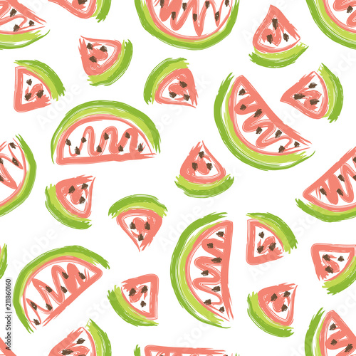Hand drawn seamless pattern with slices of watermelon.