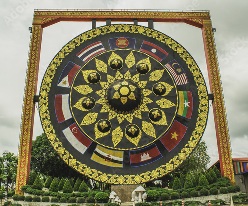 Thai Buddhist temple Khong Jiam ubon thailand.Buddhist asian gong in a kuhasawan monastery photo