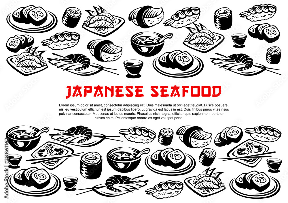 Japanese seafood poster of vector rolls and sushi