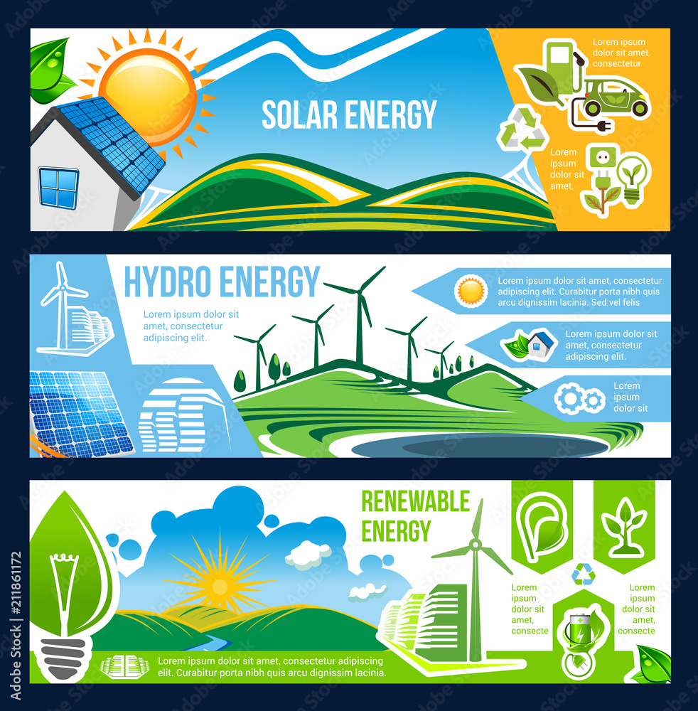 Solar, wind and hydro energy banner of green power
