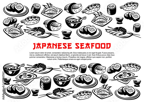 Japanese seafood poster of vector rolls and sushi