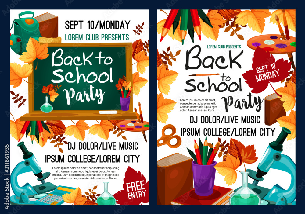 Fototapeta Back to school party poster with autumn leaf