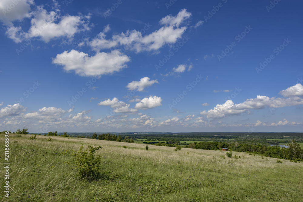 A high blue sky with clouds over the steppe feather grass and vast expanses of Russia, Voronezh region