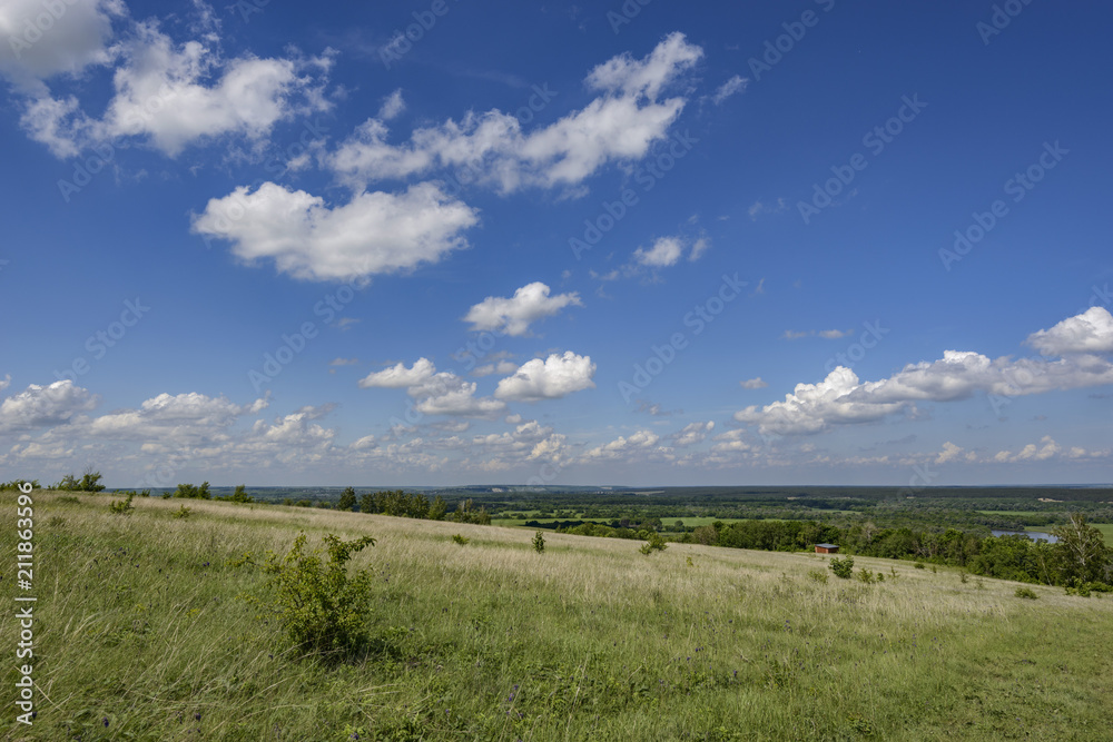 A high blue sky with clouds over the steppe feather grass and vast expanses of Russia, Voronezh region A high blue sky with clouds over the steppe feather grass and vast expanses of Russia, Voronezh region