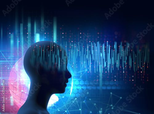 Quadro su tela silhouette of virtual human on brain delta wave form 3d illustration