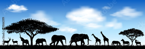African animals, savanna. Silhouettes of wild animals of the African savannah