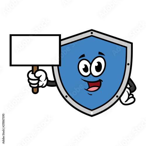 Cartoon Shield Character Holding Blank Sign