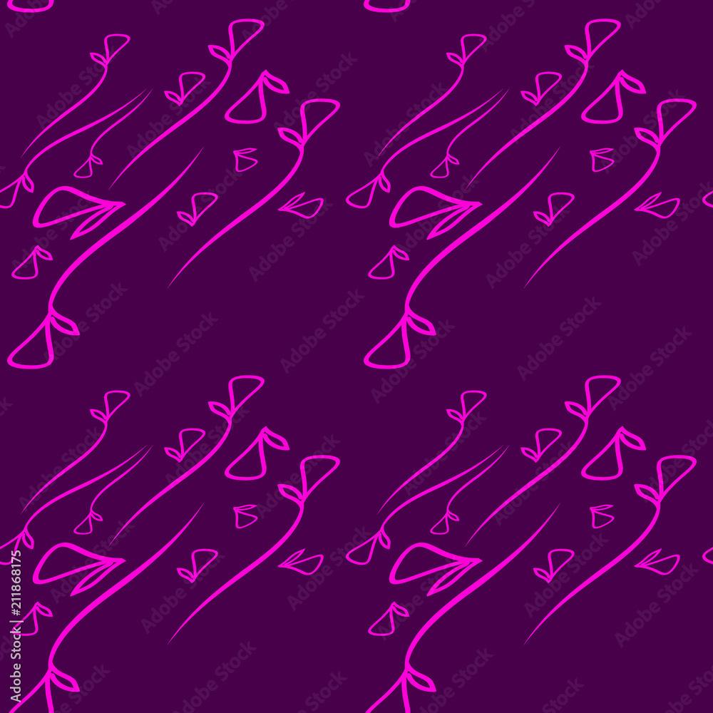 Vector pattern from plant pink elements on a lilac background in a geometric style. Vector pattern from plant pink elements on a lilac background in a geometric style.