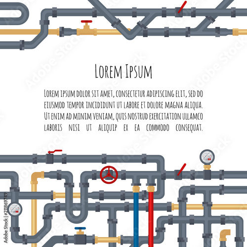 Background with tubes and pipelines on white background and place for your text. Flat elements of water tubing. Plumbing fo gas, oil industry. Vector illustration in flat style
