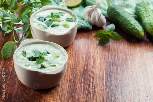 Cold cucumber soup with cucumber, dill and mint