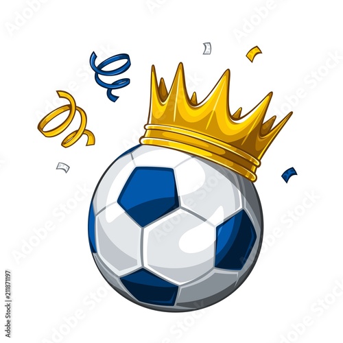 Vector colorful illustration of blue soccer ball in golden crown, isolated on white background. Soccer champion. Winner 1.2