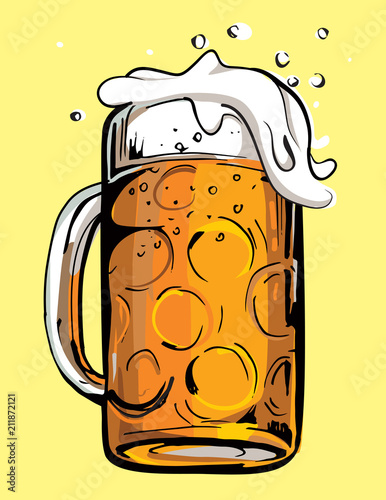 Color vector image of a beer mug. Drink with a lot of foam. Draft beer. Cartoon image.
