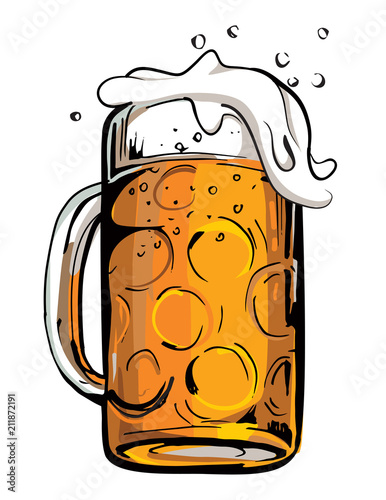 Color vector image of a beer mug. Drink with a lot of foam. Draft beer. Cartoon image.