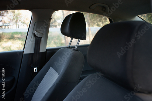 Car interior, head restraints, seat belt