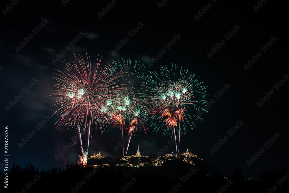 Beautiful fireworks with Phra Nakhon Khiri ancient place (Khao Wang) landmark of Phetchaburi Province Thailand Beautiful fireworks with Phra Nakhon Khiri ancient place (Khao Wang) landmark of Phetchaburi Province Thailand