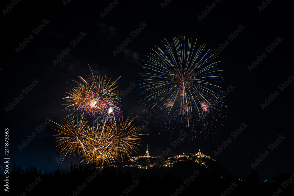 Beautiful fireworks with Phra Nakhon Khiri ancient place (Khao Wang) landmark of Phetchaburi Province Thailand