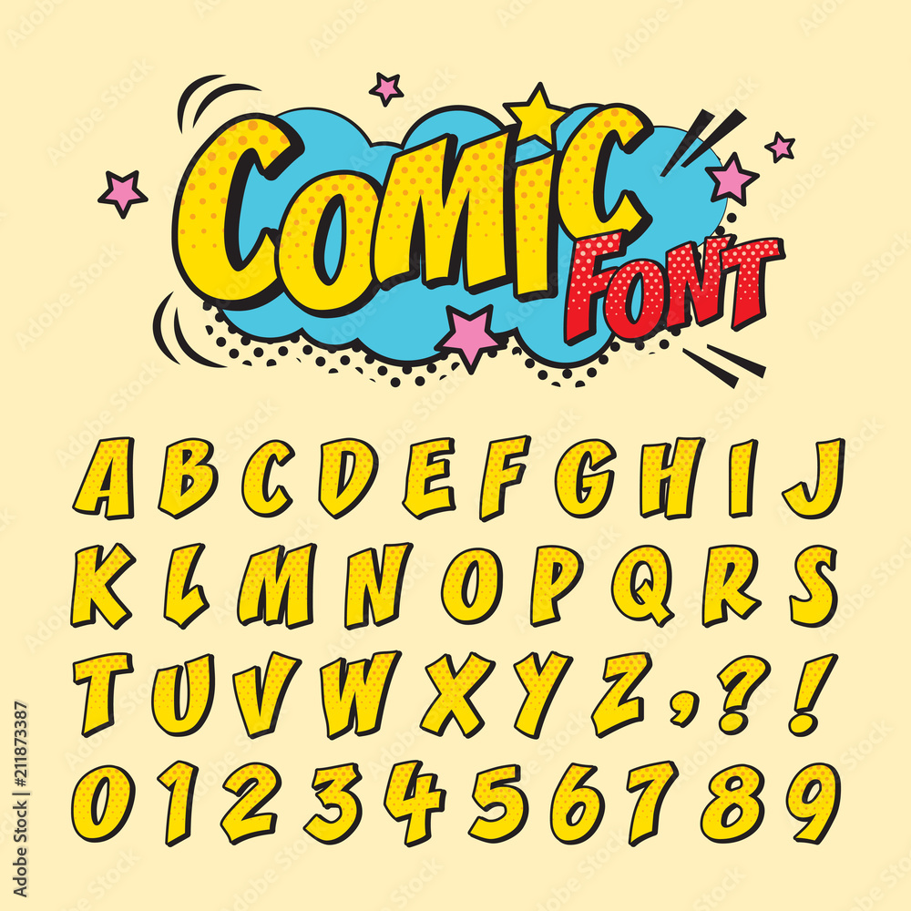 Obraz premium Comic retro font set. Alphabet letters & number in style of comics, pop art for title, headline, poster, comics, or banner design. Cartoon typography collection.