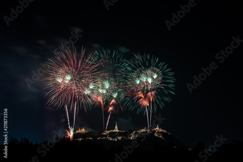 Beautiful fireworks with Phra Nakhon Khiri ancient place (Khao Wang) landmark of Phetchaburi Province Thailand