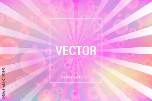 Vector colorful background with bokeh circles and rays in trendy colors.